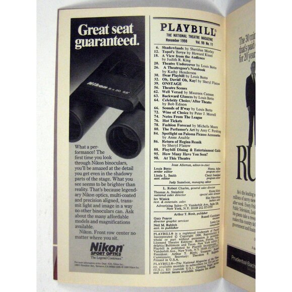 Six Degrees Separation Playbill Opening Night November 1990 Stockard Channing - Picture 4 of 9